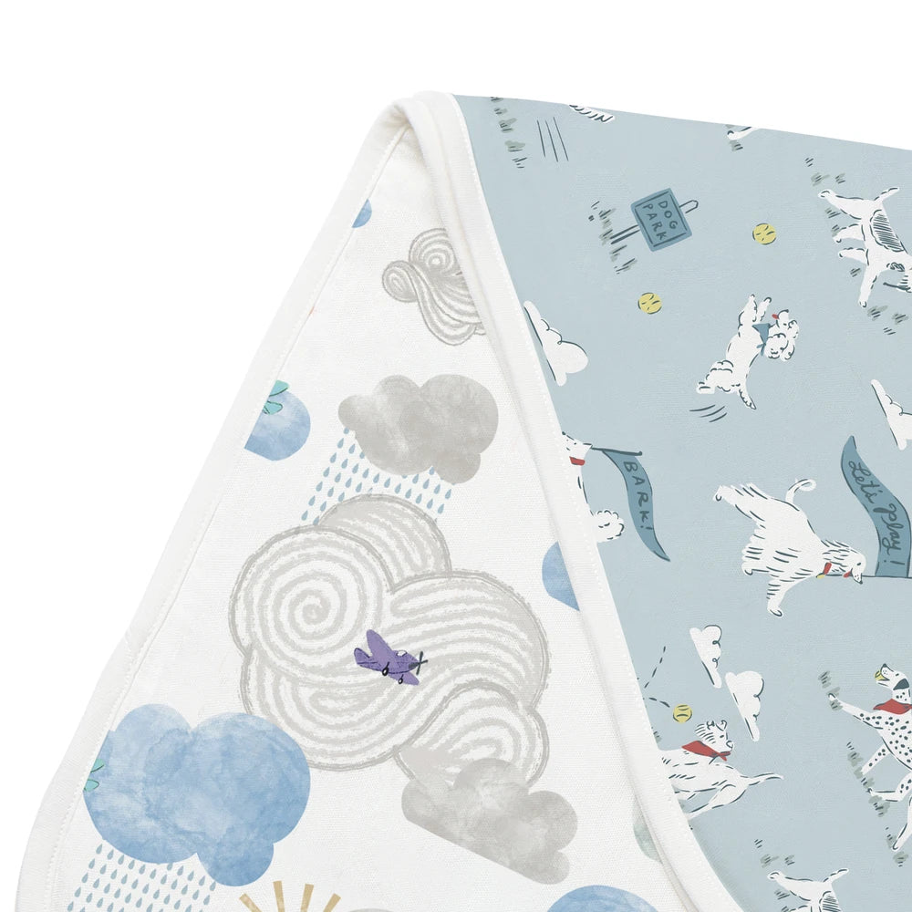 NEST DESIGNS Nest Designs Bamboo Burp 'n Bib 2 Pack Summer Days cloud and dog print patterns with spiral and text details img 8/11