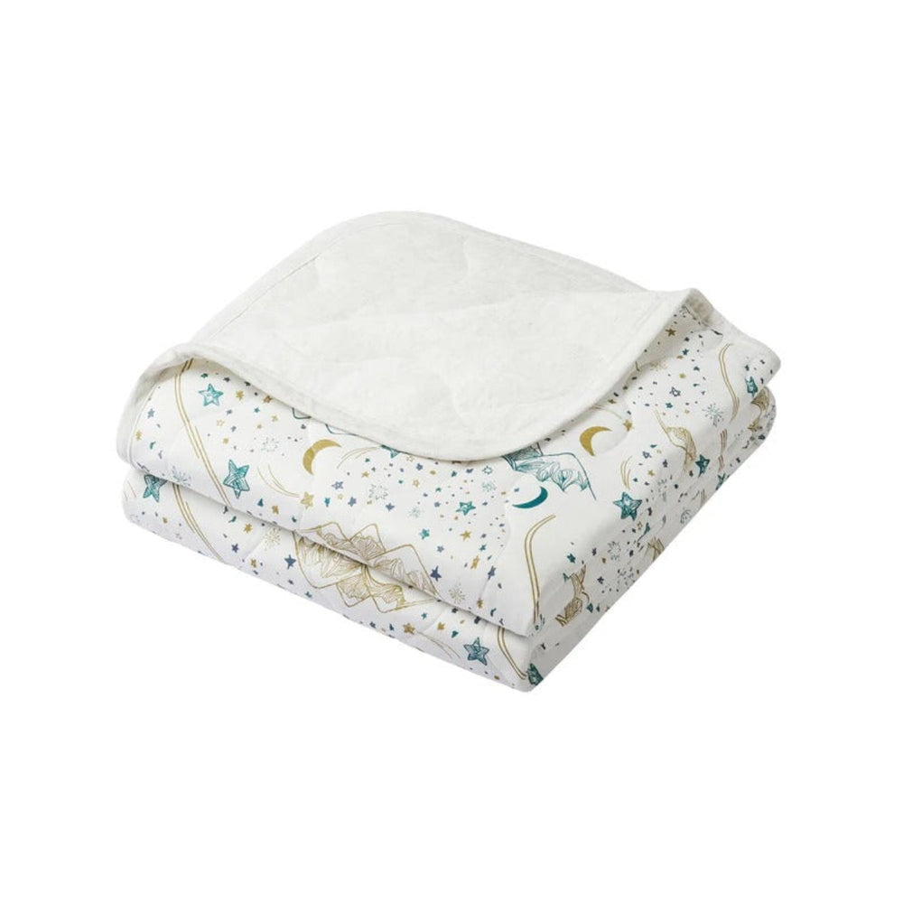 Nest Designs Cozy Blanket Small Stars White, folded white star-pattern blanket showing teal and gold stars.