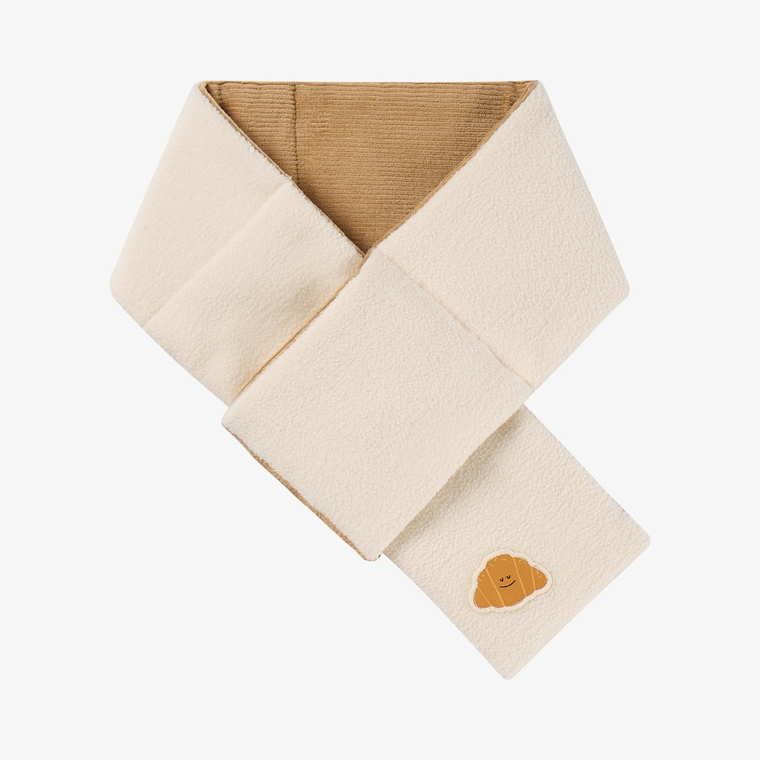 Nest Designs Cozy Croissant reversible scarf in Cloud cream, crossed studio view revealing tan corduroy reverse