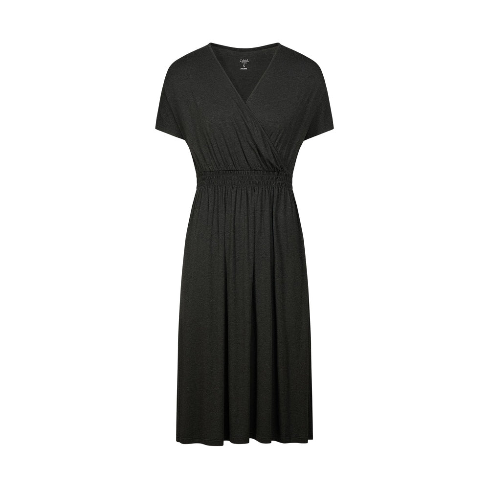NEST DESIGNS Nest Designs Elastic Waistband Maternity Dress Black v-neck wrap bodice with short sleeves and smocked waist img 2/5