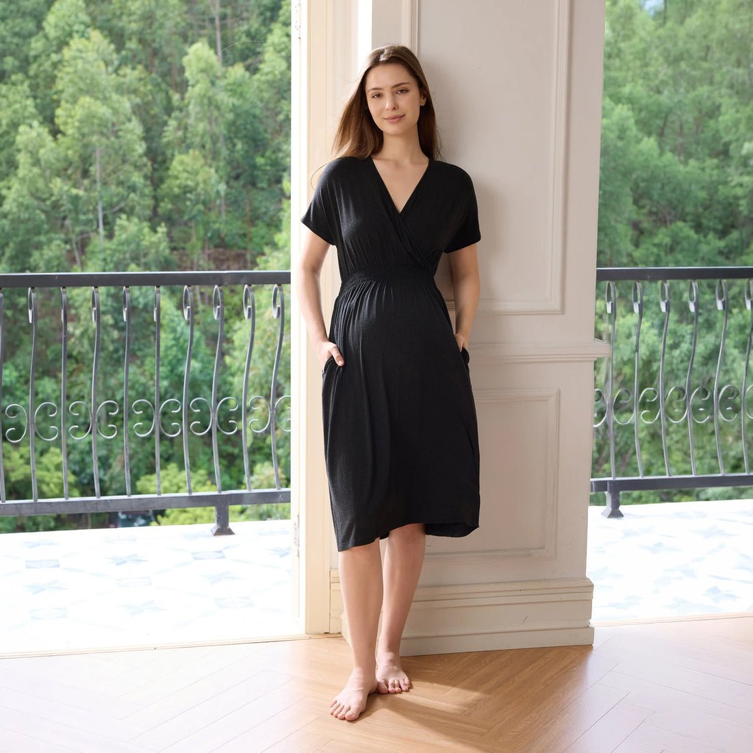 Nest Designs Elastic Waistband Maternity Dress Black — lifestyle