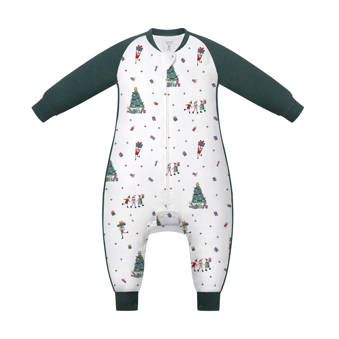 Nest Designs Santas Elves: full front of the 2.5 TOG sleep bag with green raglan sleeves and separate cuffed legs