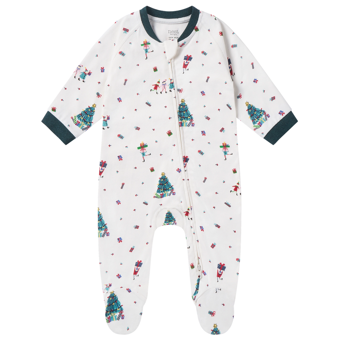 Nest Designs Santas Elves: full front of the footed sleeper with enclosed feet and green wrist trim