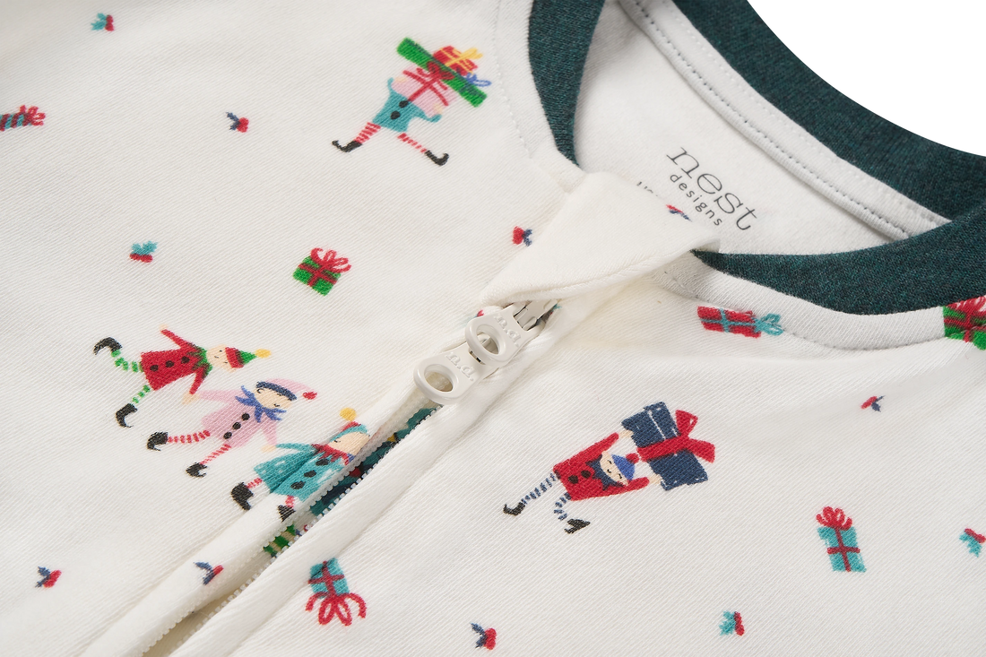 Nest Designs Santas Elves: close-up of the footed sleeper neckline and zipper guard