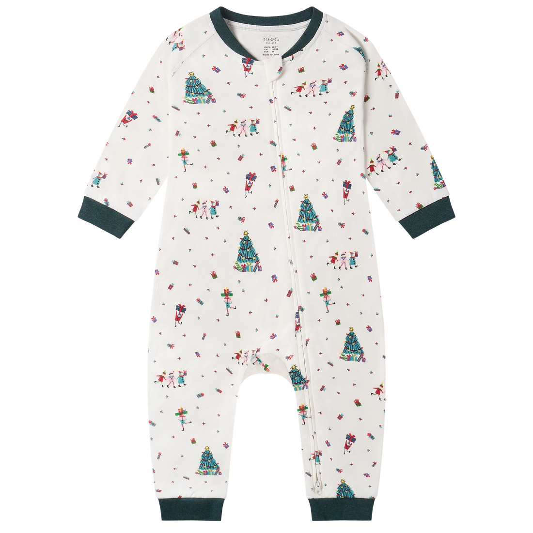 Nest Designs Santas Elves: full front of the footless sleeper with open green ankle cuffs