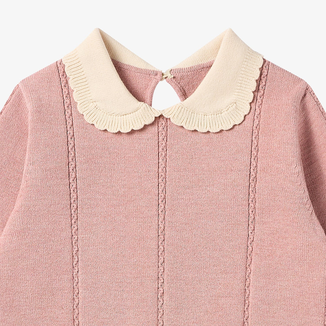 Nest Designs Rose Cable Knit Dress in Old Rose, neckline close-up of cream scalloped collar and cable-knit panels