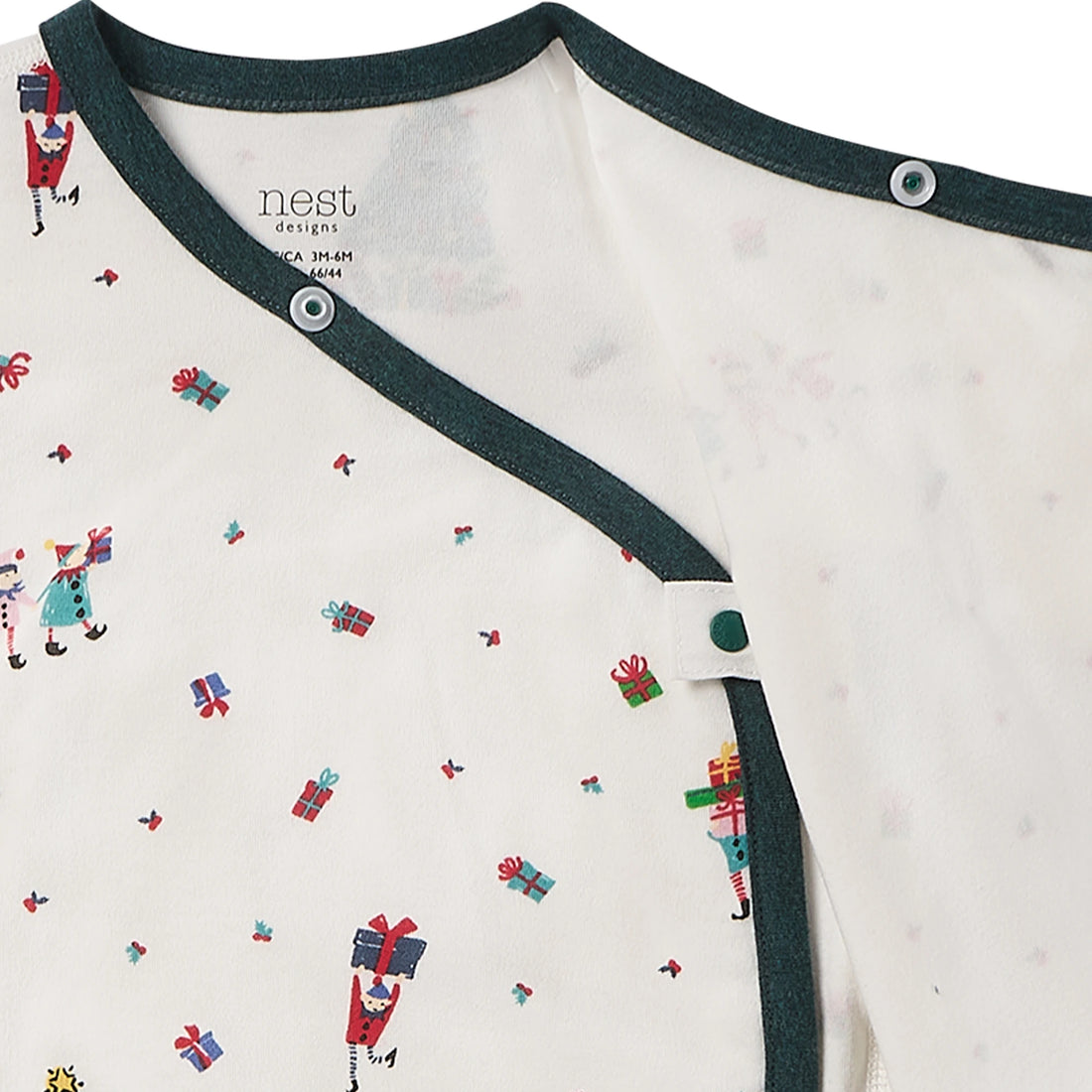 Nest Designs Santas Elves: inside snap tabs visible with the kimono front opened