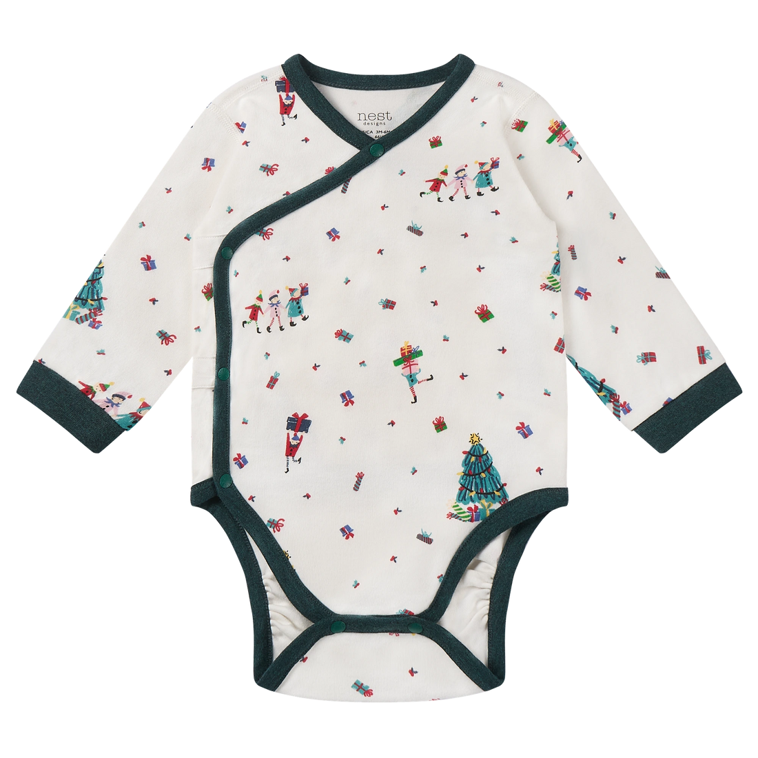 Nest Designs Santas Elves: complete wrap-front kimono onesie with green trim