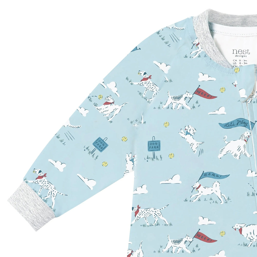 NEST DESIGNS Nest Designs Long Sleeve Footed Sleeper Puppy Park gray ribbed cuffs and neckline with dog print pattern img 2/6