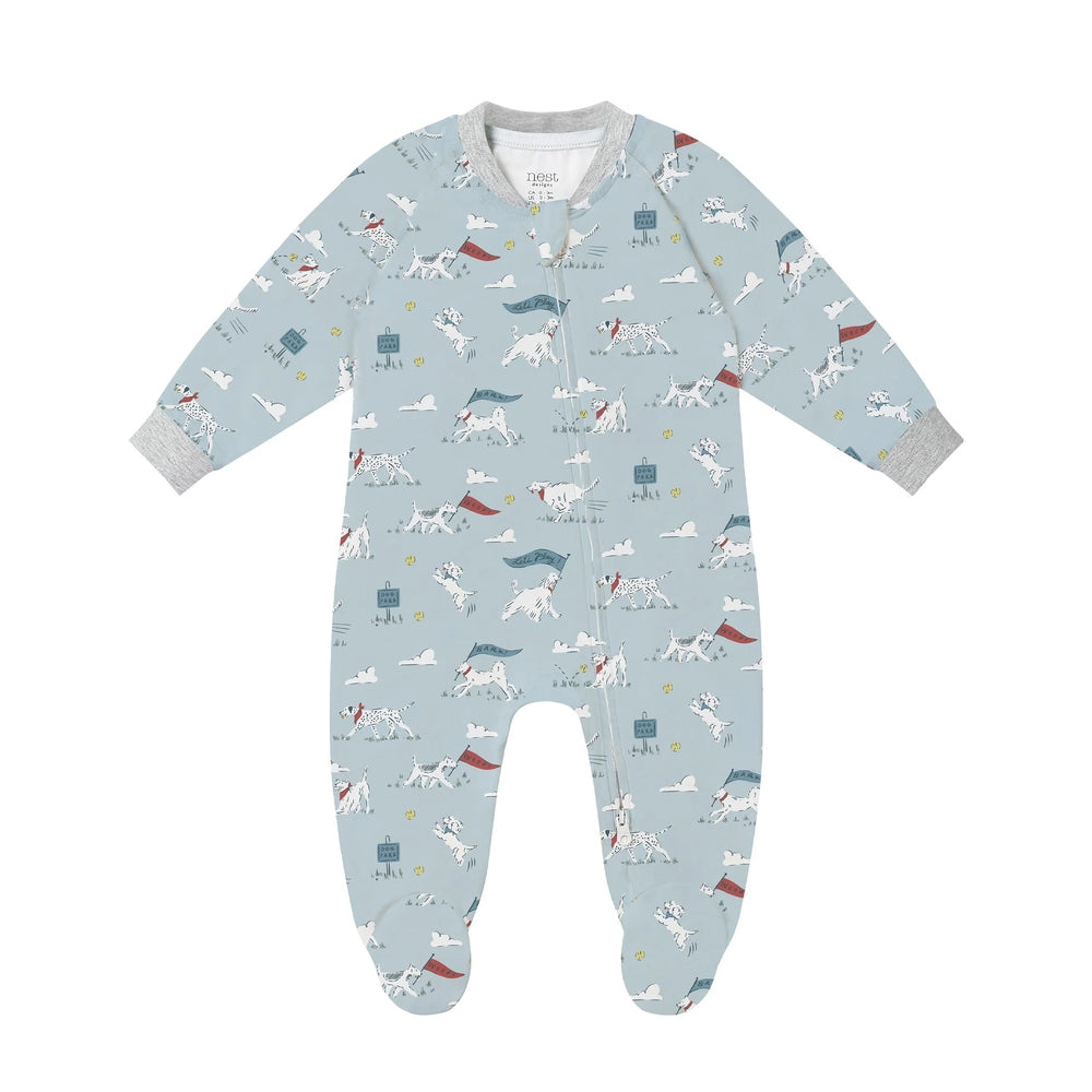 NEST DESIGNS Nest Designs Long Sleeve Footed Sleeper Puppy Park grey ribbed cuffs and envelope neckline with clouds pattern img 6/6