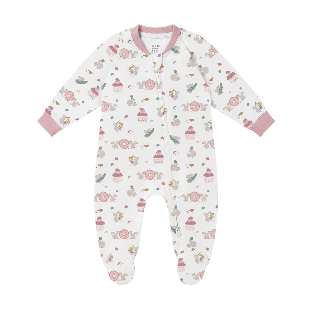 NEST DESIGNS Nest Designs Long Sleeve Footed Sleeper Very Squirrelly Front zipper with pink ribbed cuffs and dessert motifs img 4/6
