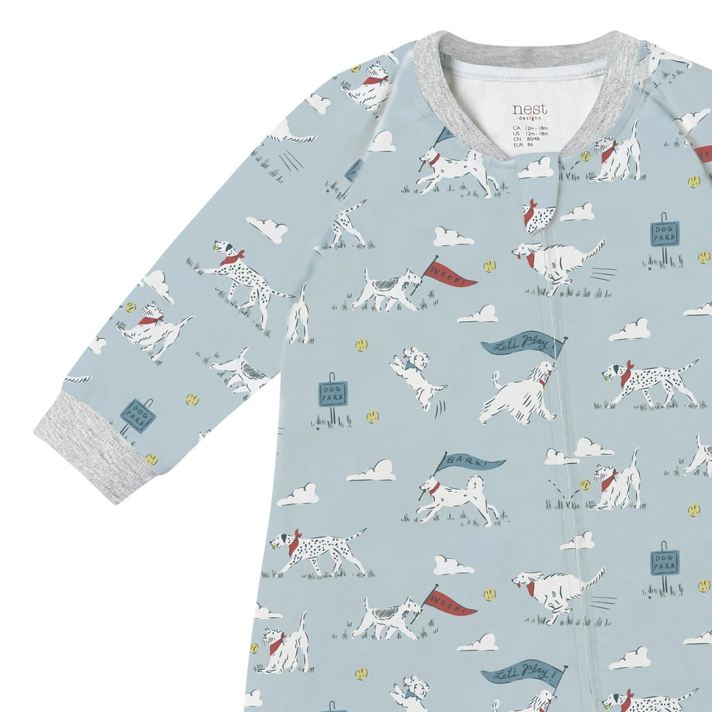 NEST DESIGNS Nest Designs Long Sleeve Footless Sleeper Fluffy Puffs dog park print with text signs and grey ribbed trim img 5/6