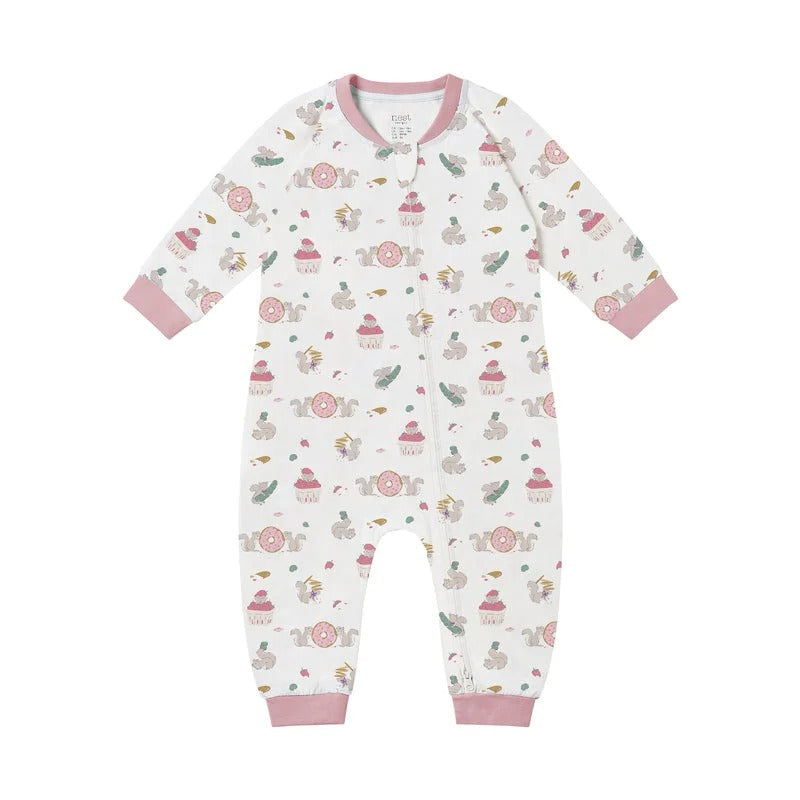 NEST DESIGNS Nest Designs Long Sleeve Footless Sleeper Very Squirrelly Front zipper closure with ribbed pink cuffs and neckline img 4/6