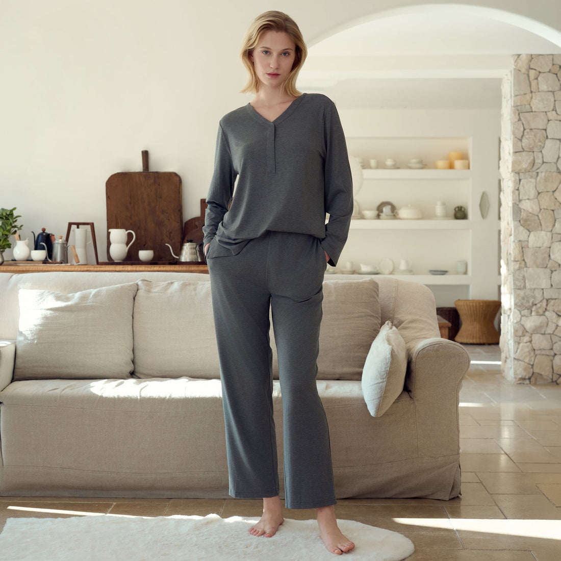 Nest Designs Long Sleeve Henley Nursing PJ Set Charcoal nursing use view