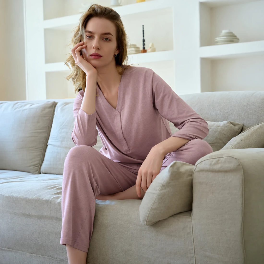 Nest Designs Long Sleeve Henley Nursing PJ Set Dusty Rose