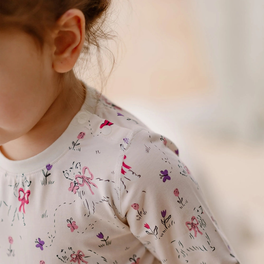 NEST DESIGNS Nest Designs Long Sleeve PJ Set Doggie Meadow floral and bow print with sketch-style grass details img 3/6