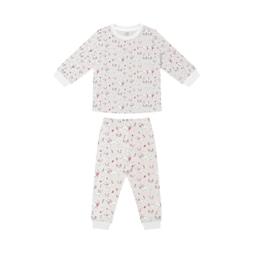 NEST DESIGNS Nest Designs Long Sleeve PJ Set Doggie Meadow two-piece set with ribbed white cuffs and floral print img 4/6