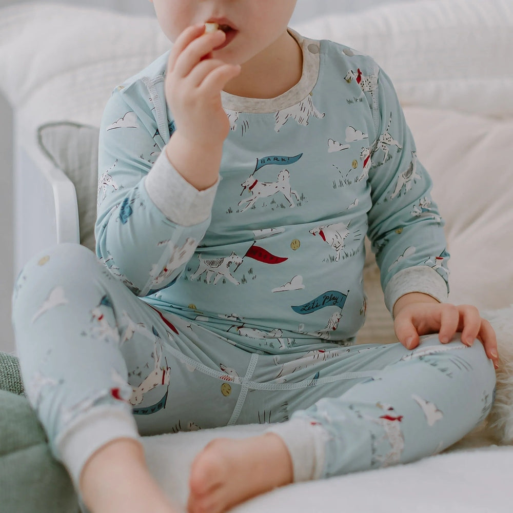 NEST DESIGNS Nest Designs Long Sleeve PJ Set Puppy Park contrast ribbed trim at cuffs and neckline img 3/6