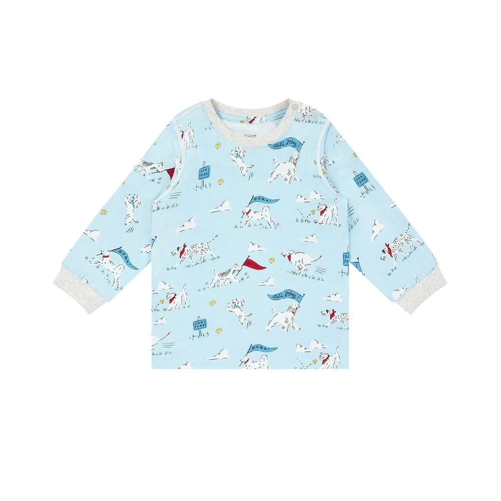 NEST DESIGNS Nest Designs Long Sleeve PJ Set Puppy Park gray ribbed trim at neckline and cuffs img 5/6