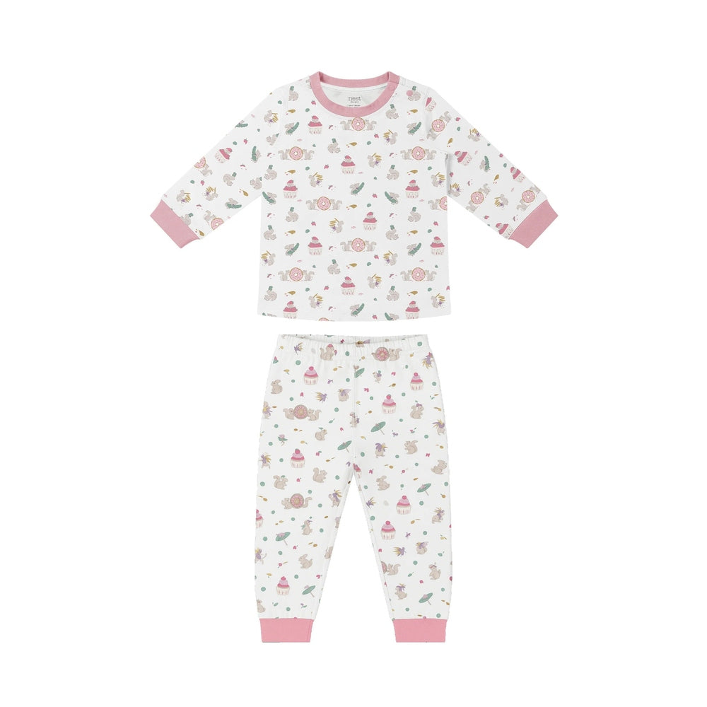NEST DESIGNS Nest Designs Long Sleeve PJ Set - Very Squirrelly pink ribbed cuffs and tea party print with teapots img 4/6