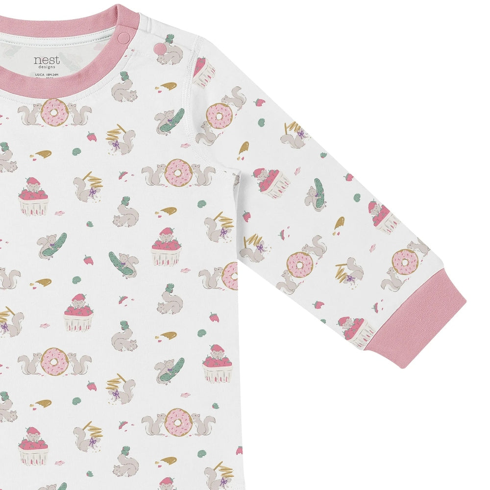 NEST DESIGNS Nest Designs Long Sleeve PJ Set - Very Squirrelly Pink ribbed trim with squirrels, donuts, cupcakes print img 5/6