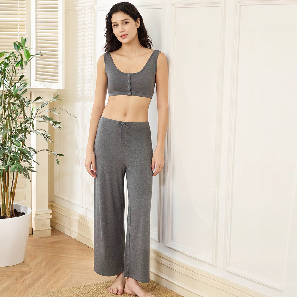 NEST DESIGNS Nest Designs Maternity Cropped Pants Charcoal two-piece set with button-front crop top and drawstring waist img 1/5