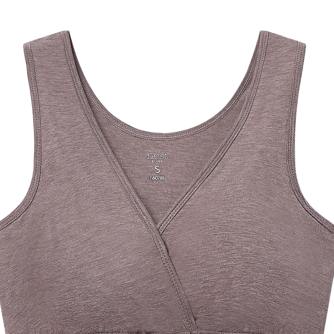 Elderberry nursing bra crossover neckline close-up
