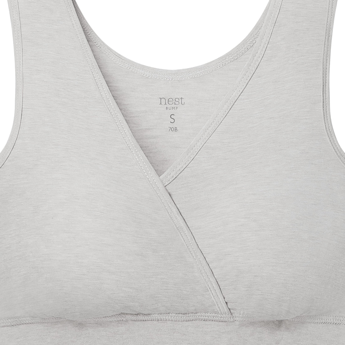 Grey Dusk nursing bra crossover neckline and inner label detail
