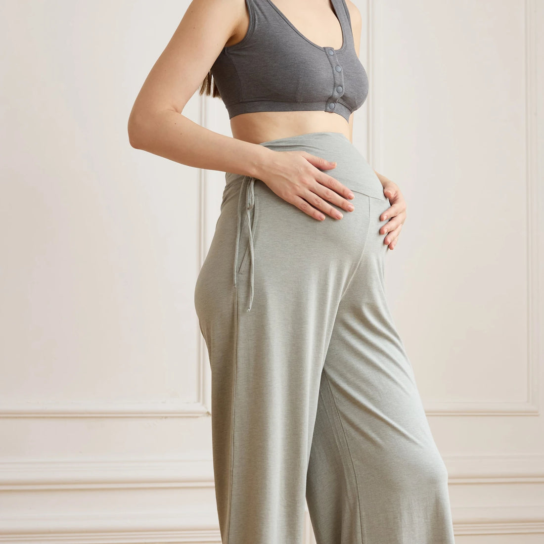 Nest Designs Maternity Gathering Waistband Wide Leg Pants Matcha — lifestyle