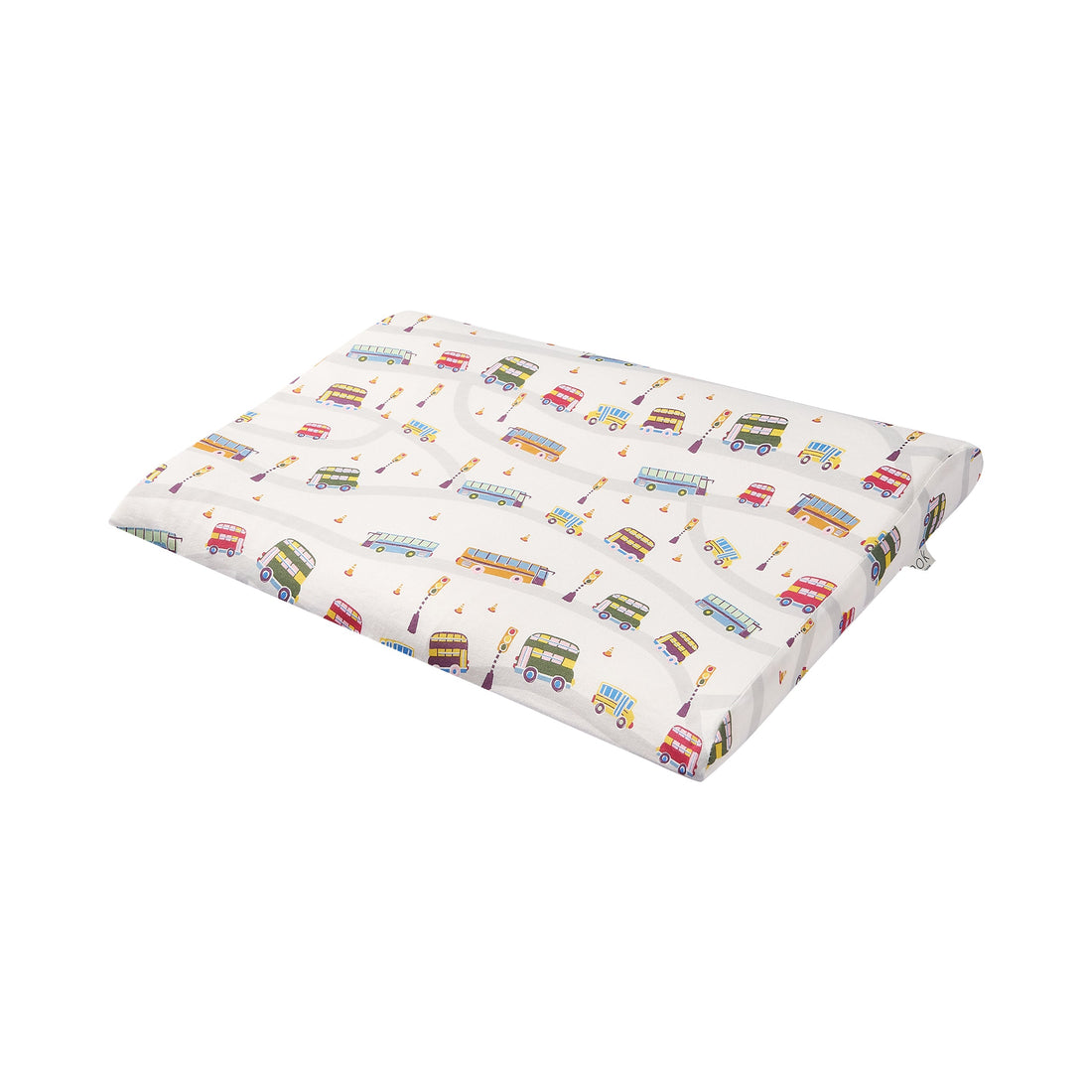 NEST DESIGNS Nook toddler pillow in Wheels on the Bus print on white background