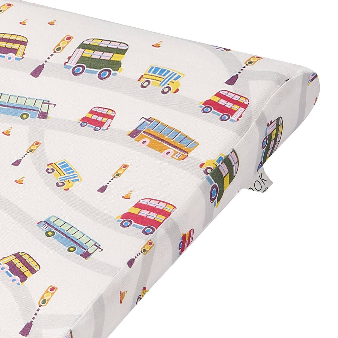 Wheels on the Bus pillowcase corner and vehicle print detail