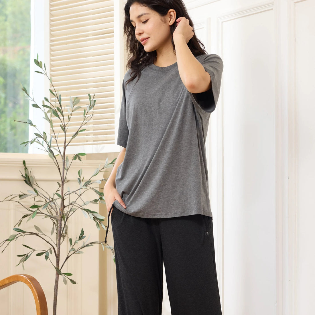 Nest Designs Nursing Tee Charcoal — lifestyle