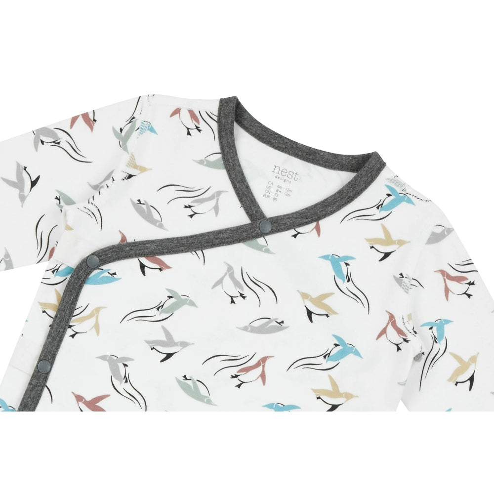 Nest Designs Organic Cotton Kimono Long Sleeve Onesie Rainbow Swim, white with multicolor birds and grey trim, side snaps.