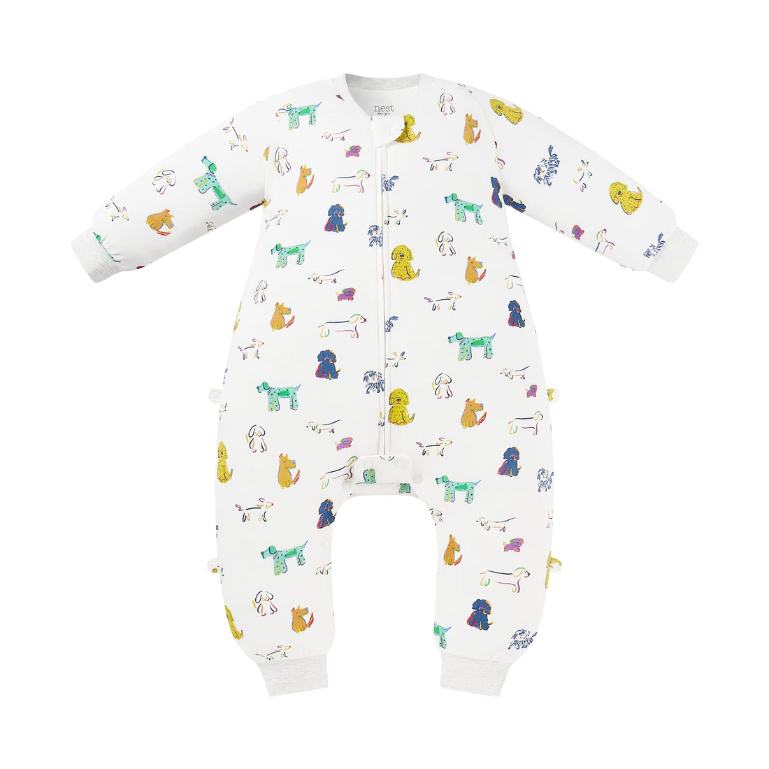 Nest Designs Bingo organic cotton footed sleep bag front view with colourful dog print, zipper and snap closures