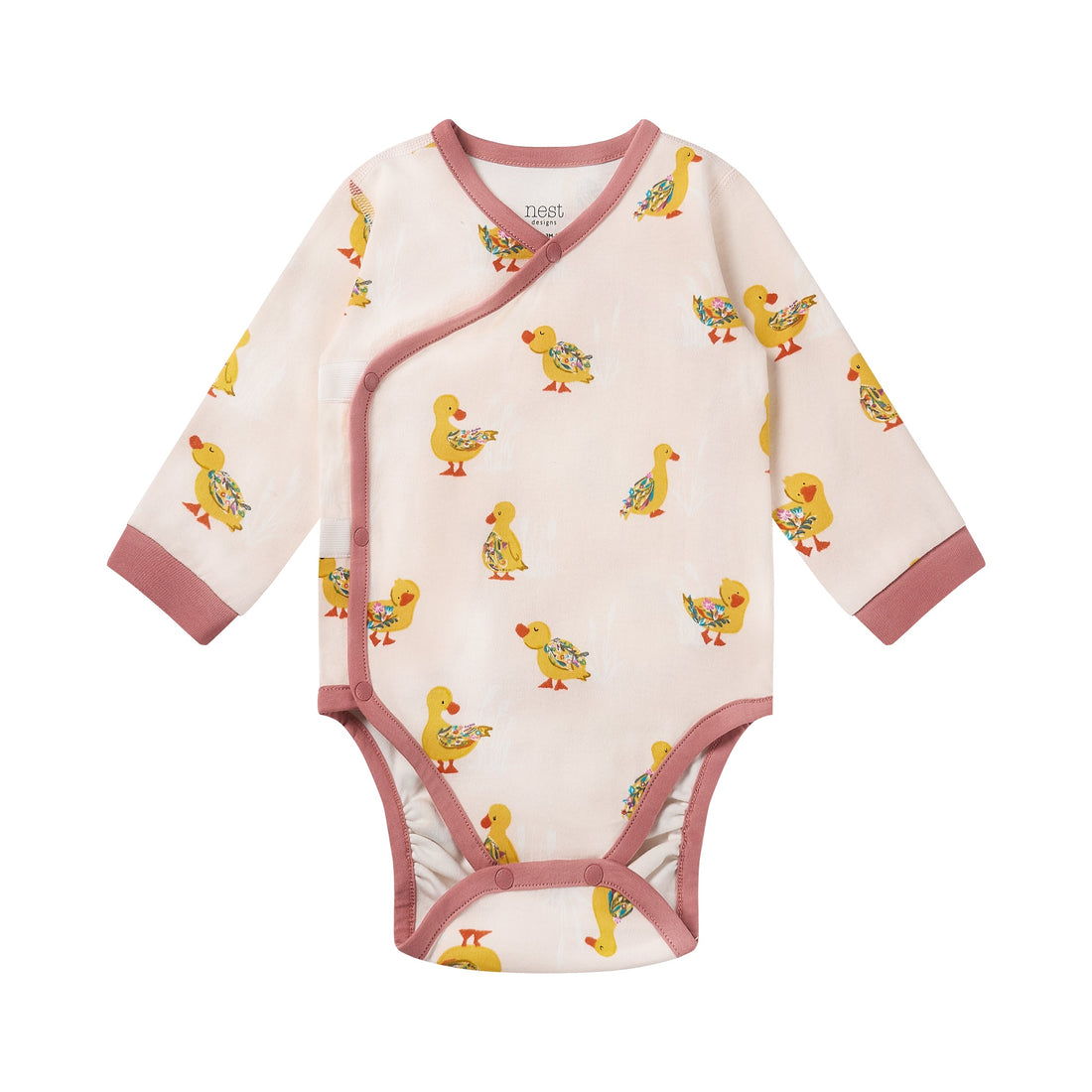 Nest Designs Organic Cotton Long Sleeve Kimono Onesie Five Little Ducks front product view