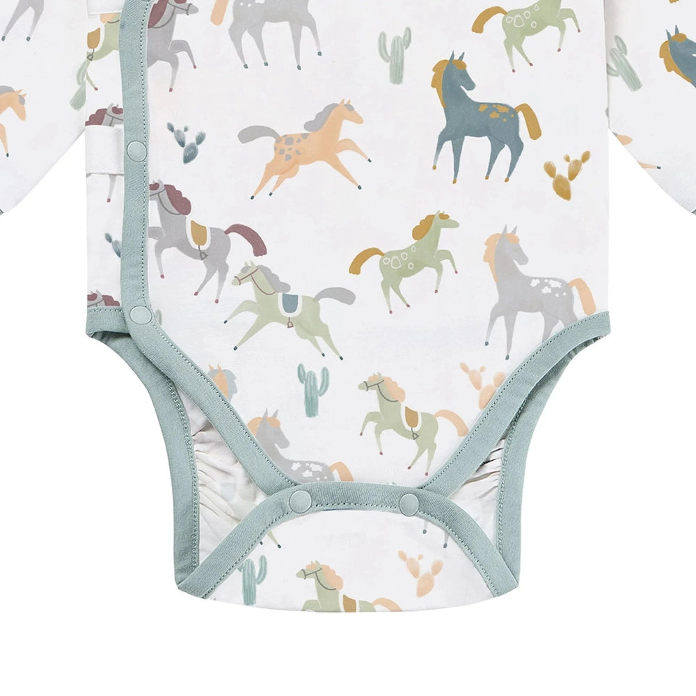 Nest Designs Pony Express Long Sleeve Kimono Onesie in pastel horse print with seafoam blue trim