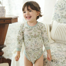 Nest Designs Bamboo Cotton Long Sleeve Kimono Onesie Strawberry Thief Slate Blue
