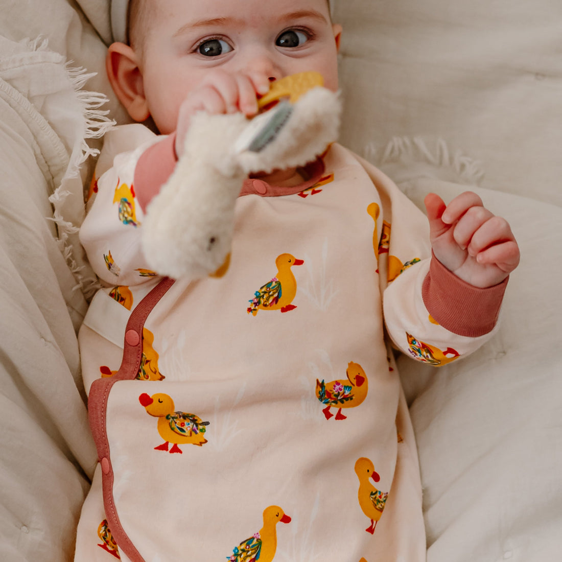 Nest Designs Organic Cotton Long Sleeve Kimono Romper Five Little Ducks gallery view 2