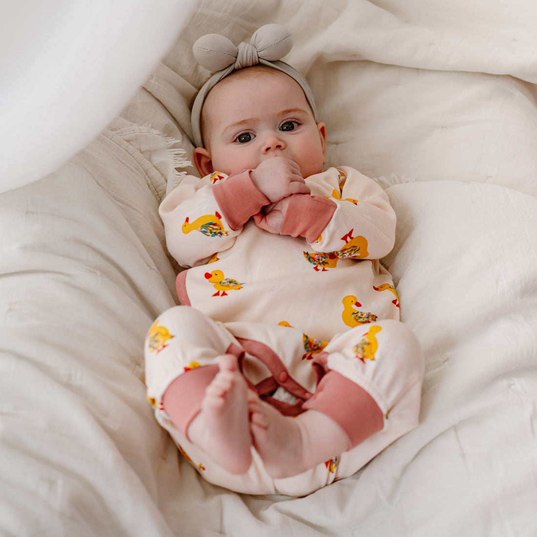 Nest Designs Organic Cotton Long Sleeve Kimono Romper Five Little Ducks gallery view 5