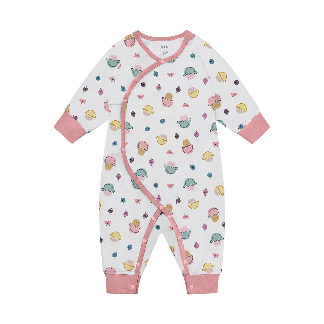 Nest Designs Organic Cotton Long Sleeve Kimono Romper Muffin Man front product view