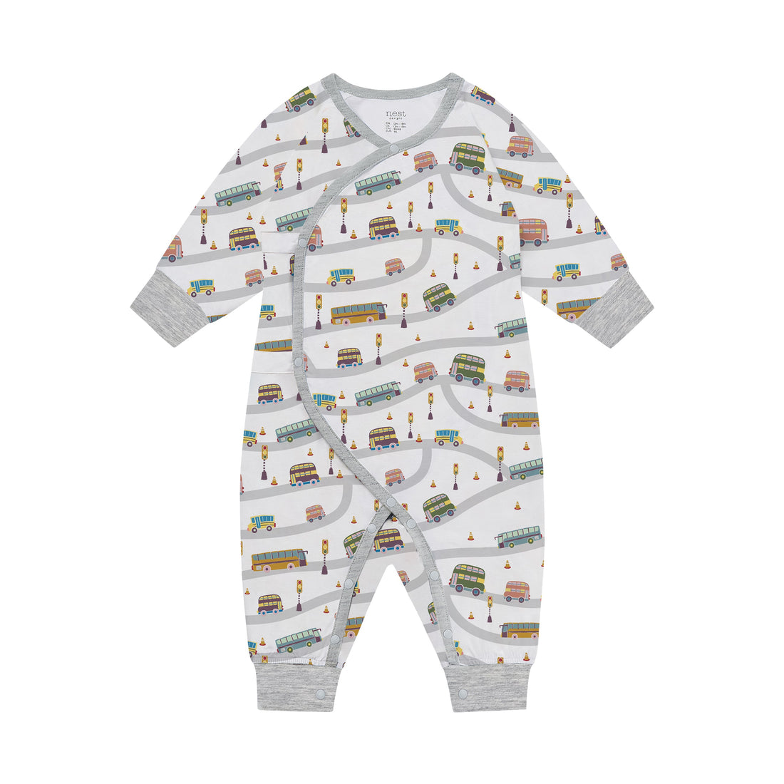 Nest Designs Organic Cotton Long Sleeve Kimono Romper Wheels on the Bus front product view