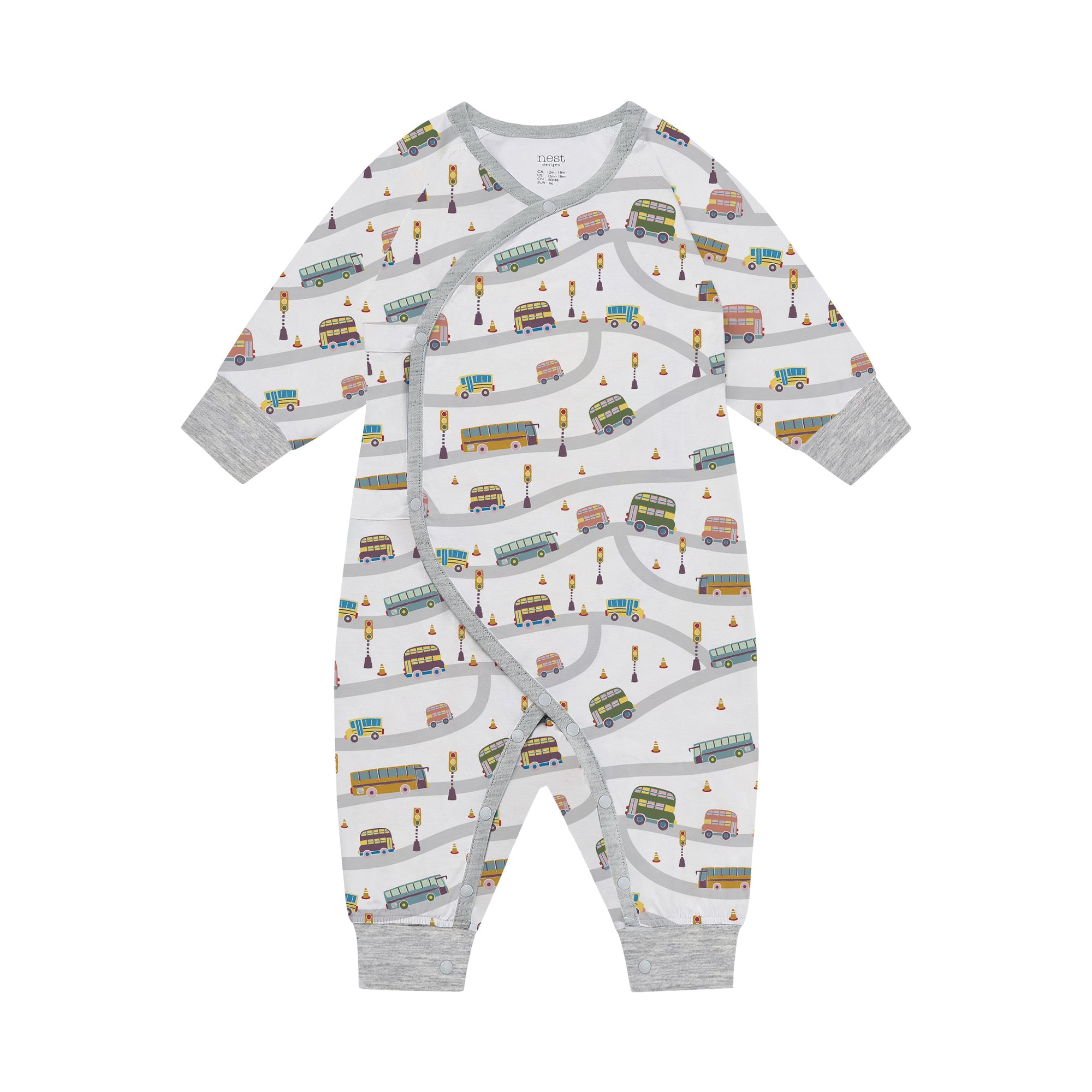 Nest Designs Organic Cotton Long Sleeve Kimono Romper Wheels on the Bus