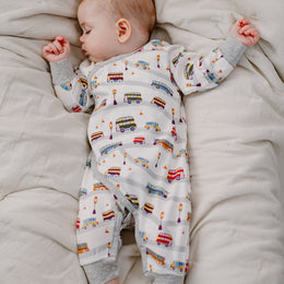 Nest Designs Organic Cotton Long Sleeve Kimono Romper Wheels on the Bus
