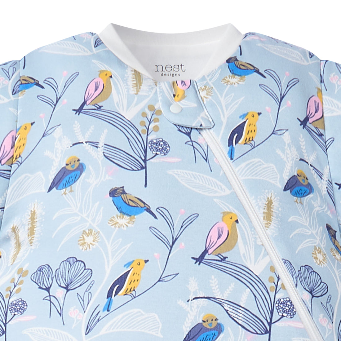 Alouette sleep bag neckline and diagonal front zipper with bird-and-floral print