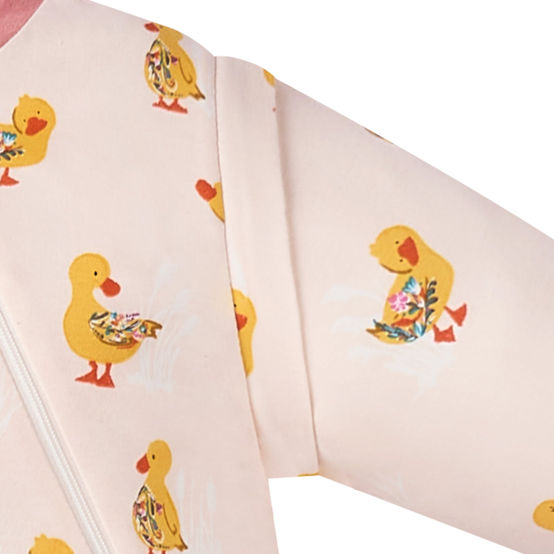 Five Little Ducks sleep bag close-up showing the removable sleeve attachment seam