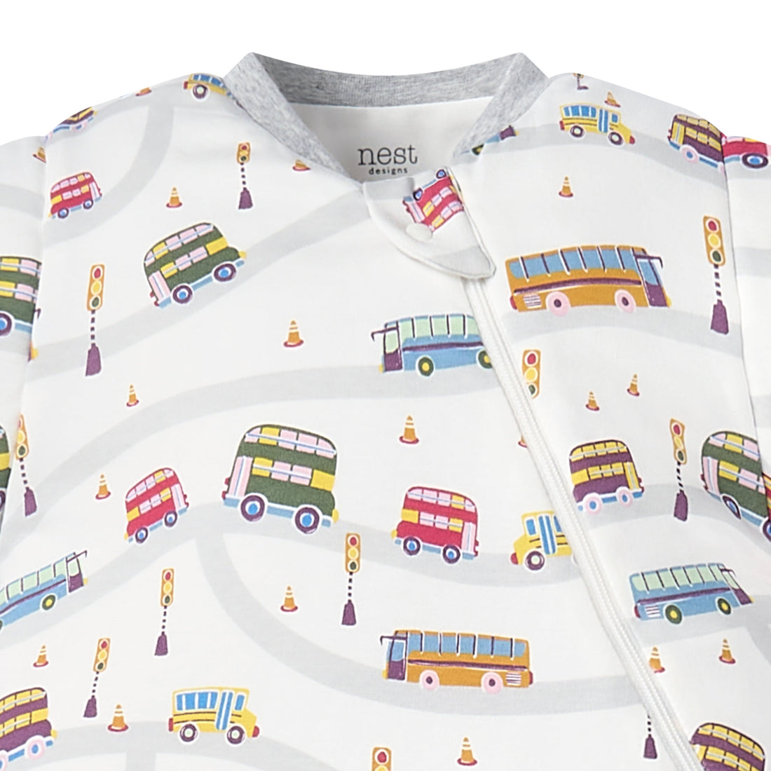 Wheels On The Bus sleep bag neckline and diagonal zipper with vehicle print