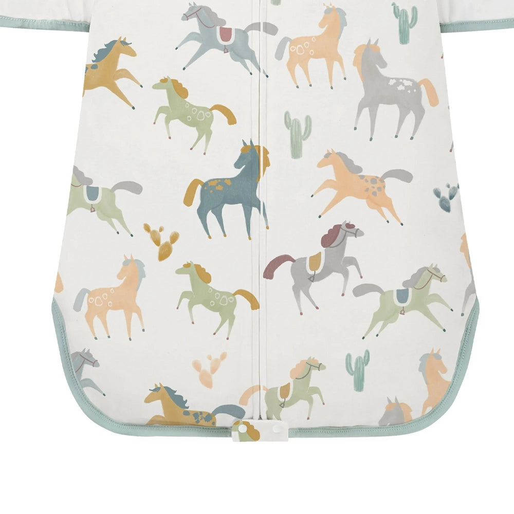 NEST DESIGNS Nest Designs Organic Cotton Swaddle Sleep Bag Pony Express center zipper with sage binding and scattered cacti accents img 6/6
