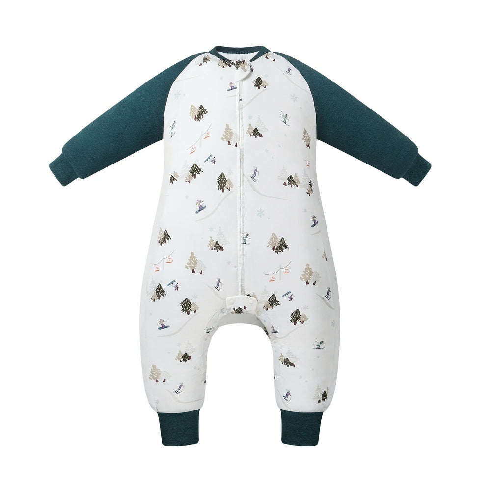 Nest Designs Raglan Bamboo Long Sleeve Footed Sleep Bag 2.5 Tog in white with teal sleeves, zipper front and ribbed cuffs.