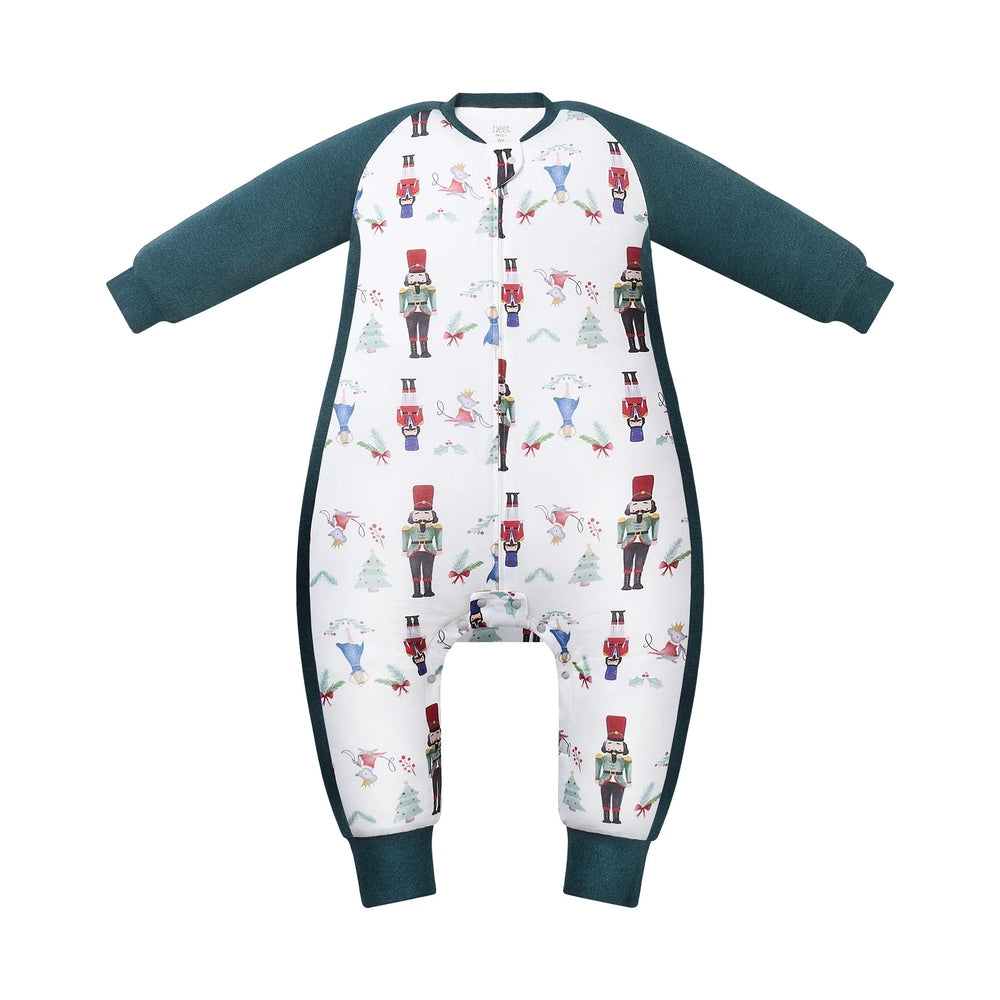 Nest Designs Raglan Bamboo Long Sleeve Footed Sleep Bag 2.5 Tog Nutcracker with teal sleeves and zip-front, cozy baby sleepwear.