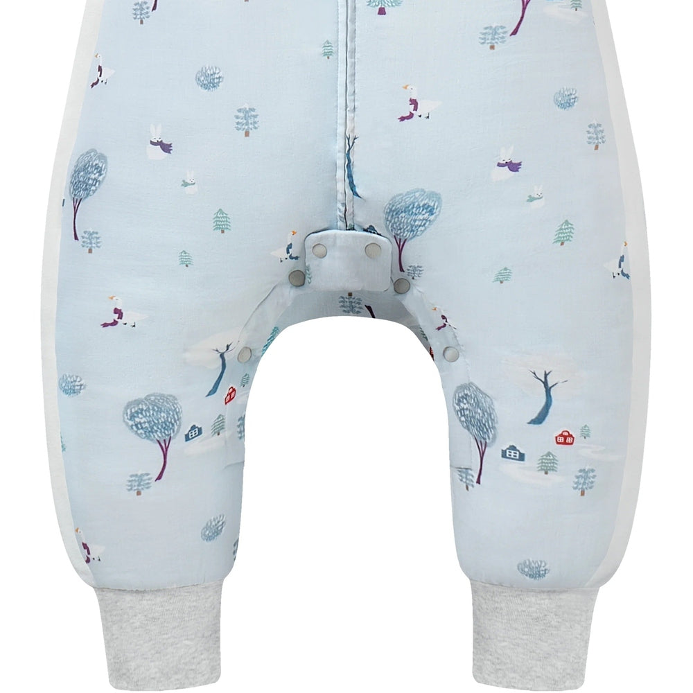 Nest Designs Raglan Bamboo Long Sleeve Footed Sleep Bag 2.5 Tog Snowy Snuggles in pale blue, shown with center zipper and leg snaps.